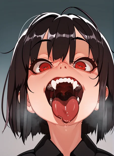1girl,  <lora:Fangs:1> fangs, fang, long fangs, open mouth, red eyes, tongue out,  <lora:Naze:0.6> naze, short black hair, heavy breathe, masterpiece, masterpiece, best quality, amazing quality,, high details, very detailed skin, high resolution, <lora:add_detail:1.3>