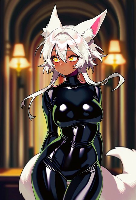 masterpiece, best quality, very aesthetic, high resolution, ultra-detailed, absurdres, newest, extremely detailed eyes, beautiful, perfect lighting, hi res, amazing quality, very awa, jui_sio, 1girl, animal ears, solo, bodysuit, tail, breasts, white hair, looking to the side, yellow eyes, looking away, medium breasts, animal ear fluff, black bodysuit, skin tight, hair between eyes, short hair, blush, short hair with long locks, bangs, indoors, blurry, shiny clothes, cowboy shot, fox tail, fox ears, dark-skinned female, closed mouth, dark skin, blurry background, shiny