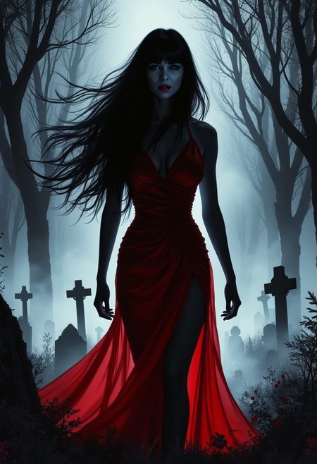 silhouette art, ink on ricepaper, stunning female vampire walking out of the mist in a graveyard, long black flowing hair, bangs, red lips parted to reveal slight fangs, sultry, lustful, red dress, silhouetted at night, chiascuro