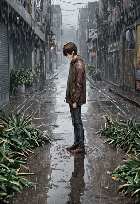 Highres, Masterpiece, High Quality, 4K, 8K, solo, 1Boy, Seiya Kanie, short dark brown hair, golden eyes, footpath, urban, wet, slippery, puddle, heavy rain, overcast, dark, drenched, weak, beaten, looking down, sad, wet hair, withered plants, easynegative, detailed_eye_model