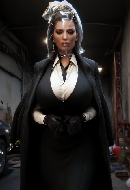 (Sexy busty) woman with (gigantic breasts)+++ and (large high hair updo)+++ (plastic bag)+++ (bag over head)+++ mafi4, necktie, gloves, suit, white shirt, black vest, black skirt, coat, (in a garage)+++