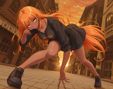 solo,<lora:AgnaGaretta:1>,agna,dark-skinned female,long hair,light skin,beautiful detailed eyes,correct anatomy,dynamic pose,teasing,borderline erotic,vivid colors,casual clothing,city street,evening,warm lighting,live style,interesting composition,low angle,full body shot,hands visible,legs,, masterpiece,best quality,amazing quality, very aesthetic, absurdres,detailed eyes,ultra-detailed,