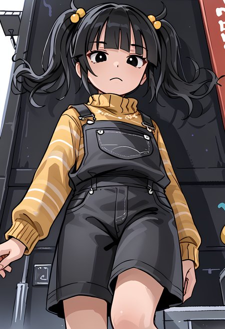 <lora:cassidy_v3:1>a drawing of a cartoon female wearing overalls 1girl, black hair, twintails, overalls, solo, black eyes,, hair ornament, sweater, looking at viewer, bangs, long sleeves,  closed mouth,cassidy,pizzaria,stting,leg on leg,from below,skirt,