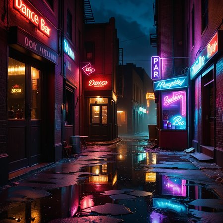 A dark and grimy alleyway behind a dance bar at night, illuminated by dim, flickering neon lights in shades of red and purple. The alley is narrow and lined with aged, graffiti-covered brick walls. Scattered trash and puddles reflecting the dim light create a gritty atmosphere. The scene feels damp and unwelcoming, with faint traces of smoke and steam rising from a nearby vent. Broken glass and discarded items litter the uneven ground. The distant hum of a neon sign and faint sounds of music leaking from the bar add to the urban, moody ambiance of the night.
<lora:SDXLFaeTastic2400:0.4> <lora:extremely_detailed:0.4> extremely detailed, Masterpiece,best quality,hi res,8k,hi res,8k,award winning,(sharp focus, intricate, highly detailed),