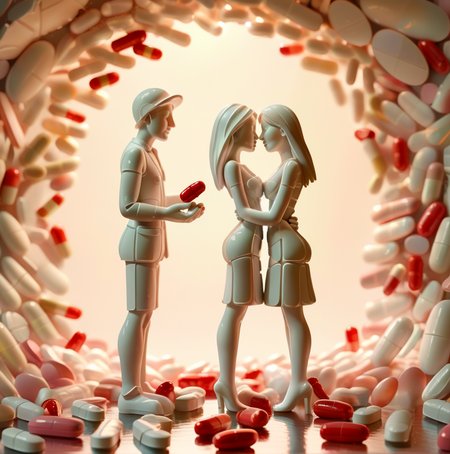 lovers with pills, beautiful lighting and framing, a very detailed masterpiece, 3d <lora:pills:1.2>