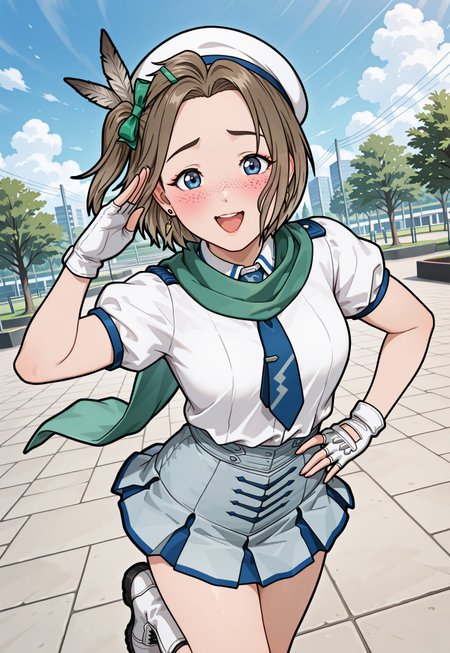 masterpiece,RobynSpade, Short hair, Brown hair, freckles, blue eyes, masterpiece, best quality, amazing quality, 1girl, solo, makeup, perspective, general, looking at viewer, dynamic angle, cowboy shot, confident, smile, open mouth, park, cosplay festival, festival, outdoors, salute, blush, lovely, happy, posing, sky, cloud, cosplay, acting as a character, looking at viewer, hand on own hip, standing on one leg, LL_Kotori_Wonderful_Rush_Cos, short sleeves, puffy sleeves, white shirt, skirt, green scarf, feathers, feather hair ornament one side, white gloves, fingerless gloves, white beret, green bow, blue necktie, jewelry, earrings, boots,