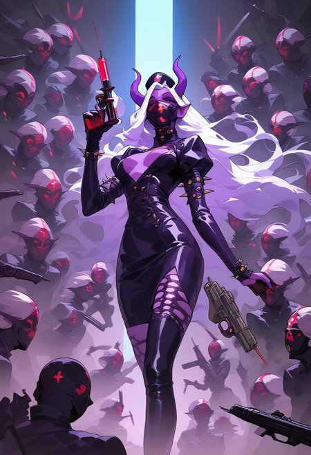 score_9, score_8_up, score_7_up,  
c0l0r1f1c4t10npurpl3,ColorificationPurple,Colorification Purple, 1girl, long hair, breasts, open mouth, holding, weapon, purple hair, white hair, horns, pointy ears, gun, mask, colored skin, 6+girls, demon girl, demon horns, spikes, 6+boys, nurse cap, syringe, 6+others