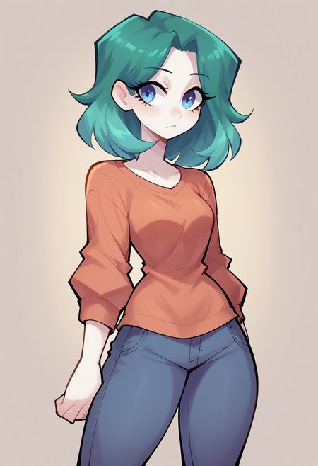 <lora:OC_Rae_Character_LoRA_PonyXL:1>
score_9, score_8_up, score_7_up, score_6_up, 1girl, BREAK, heavily stylized,  gradient hair, 
cut-out top, corduroy pants, wide shot, simple background  <lora:PonyXL_USA3710_Style_LoRA:0.8> zPDXL