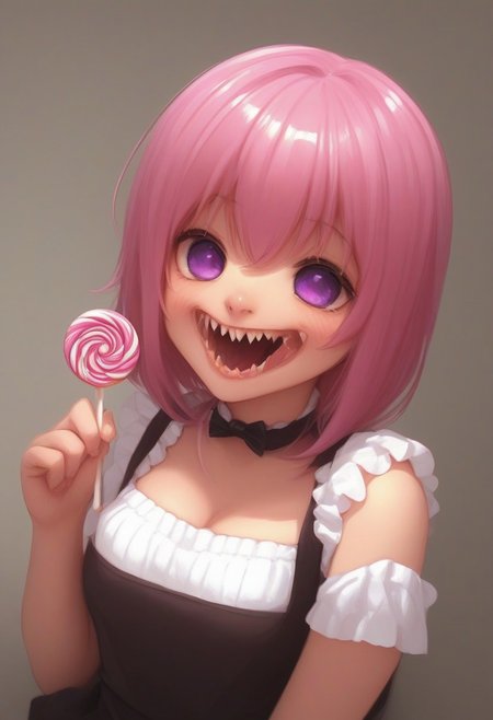 CivChan, purple eyes, pink hair,
(licking a giant lollipop made from teeth, made_from_teef:1.5)