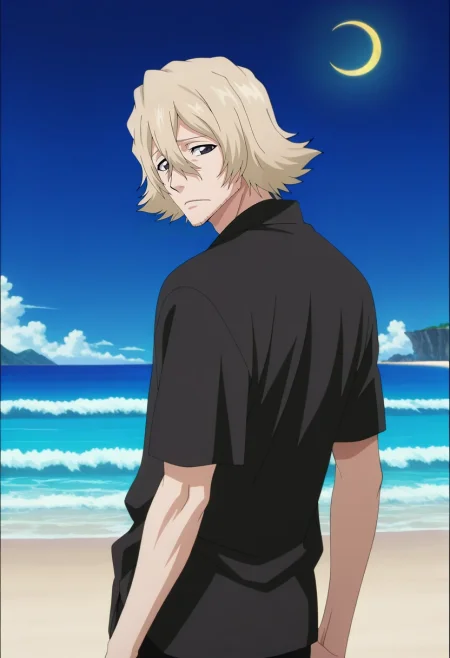masterpiece, best quality, intricate details, anime screencap, anime coloring, official style, looking at viewer, 1boy, solo, male focus, <lora:kisuke_urahara_ilxl:0.98>, kisuke_urahara, blonde hair, black eyes, short hair, hair between eyes, facial hair, stubble, , wide angle, wide shot, cowboy shot, beach, ocean, waves, island, night, crescent moon, looking back, sad,