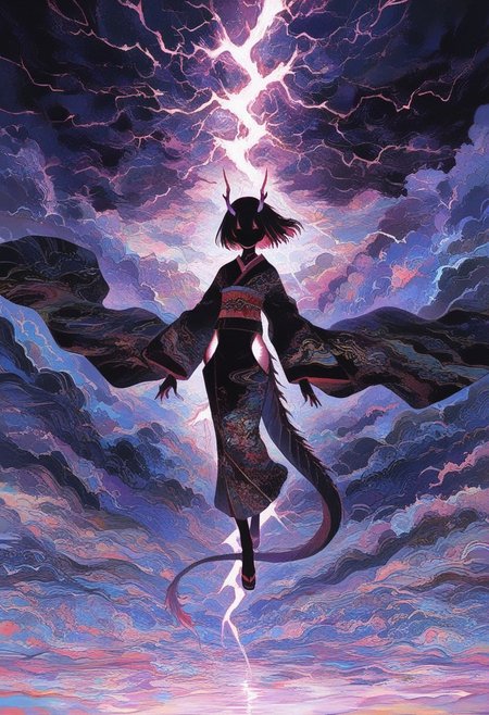 1 girl , solo , glitching neon theme , abstract , abnormal ,absurd , Raijin (god of thunder) , floating , dark cloud , thunder , lightning , hip vents , dragon anthro , dragon tail , dragon horn , ((Kumo , japanese painting)) , kimono , 
masterpiece, best quality ,amazing quality ,15546+456868, 0__11Xx_illu,