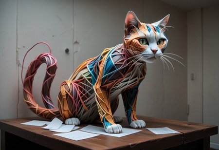 PonyXLV6_Scores, end_tripwire_morph, neon, wires, made of wires, cables, outlined with wires and neon, neon outlines, wire sculpture, neon wire sculpture, endposit_notesmorph, paper sticky notes,  made from 3m post it notes, post it notes, paper texture, cat,