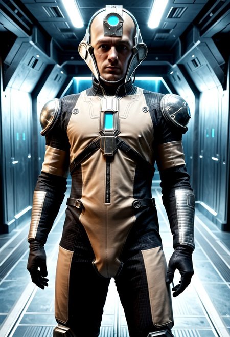 Corpus crewman in a spaceship corridor, science fiction,  dramatic shot, male focus, 1boy, male corpus crewman wearing corpus crewman helmet,  robot, rectangular helmet, blue light bar on helmet, brown and black corpus crewman suit, (helmet with hard edges, helmet with a flat front face, helmet with hard corners, helmet with blue light strip), black shoulder pad, tubes from metal chest plate, black gloves with silver palms, blue circle near hips,  metal bands below fore arm, fit, athletic build, square patch on thigh, holding electric baton,
realistic texture, realism, best quality, 
(((Corpus, corpus crewman, Tan and black corpus suit, corpus tileset,    Corpus helmet, wearing helmet, wearing corpus helmet,))) moa in the background, two legged robot in the background,