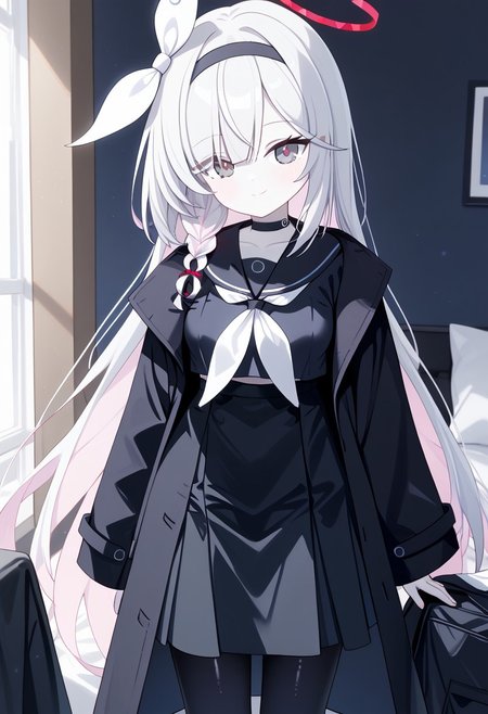 best quality, highres, masterpiece, 1girl, Plana_(Blue_Archive), grey eyes, white hair, bangs, long hair, single braid, hairband, black hairband, hair ribbon, choker, halo, (unnaturally white skin:1.2), (pale skin:1.1), 
(shiny skin:1.2), standing, closed mouth, medium breasts, smile, looking at viewer, thighs, facing viewer, black serafuku long sleeve, coat removed, white neckerchief, black skirt, black pantyhose