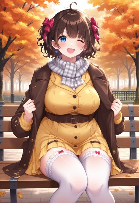 score_9, score_8_up, score_7_up, source anime,
masterpiece, best quality, detailed, amazing quality,
detailed background, park, bench, fall, autumn, trees,
detailed eyes, clean eyes,
dynamic pose, sitting on bench,
solo, 1woman, woman, 
easynegative, 
slutty_m3l0dy, pale skin, short hair, blue eyes, dark brown hair, messy hair, curvy, chubby, big breasts,
bow, frilly, cute, headbow, ribbon, cute dress, stockings, scarf, coat, happy