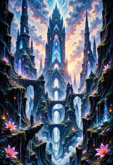 pinkgrimmreverie,  A radiant metropolis sculpted entirely from translucent, iridescent crystal, basking in the ever-changing hues of a sky locked in an eternal sunrise. Towering spires refract beams of soft, pastel light, painting the air with shifting rainbows. Elevated walkways crafted from shimmering glass connect buildings that seem to hum with quiet energy. The streets are lined with floating gardens, each blossom pulsing with a gentle bioluminescent glow. At the city's heart, a massive crystal obelisk levitates, its surface etched with glowing, ever-evolving symbols that shape the very fabric of the world around it.