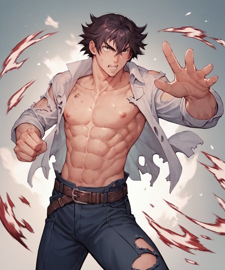 score_9, score_8_up, score_7_up, score_6_up, score_5_up, score_4_up,   punch, solo, 1boy, male focus,  open clothes, school uniform, belt, open shirt, torn clothes
 <lora:matsuena_shun_style:1>