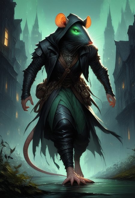 BREAK score_9, score_8_up, score_7_up,  victorian city, night, ominous, solo,  rat man, black longcoat, wearing goggles, green glow eyes, hood, dynamic pose, leaning forward, fully body shot , leather armour, sneaking, full body shot, (one tail: 1.5)
(masterpiece, best quality, ultra detailed, intricate details:1.2), (detailed face:1.1), (rat folk:1.5)