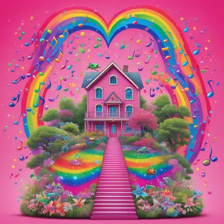 stairs, earrings, solo, long hair, cherry, grass, day, gradient, star (symbol), rainbow hair, closed mouth, vibrant rainbow, tree, frog, planet, colorful, sparkles, musical note, house, pink background, pointy ears, closed eyes, scales, piercing, hair bow, building, double bun, 1girl, heart, flower, cute creatures, simple background