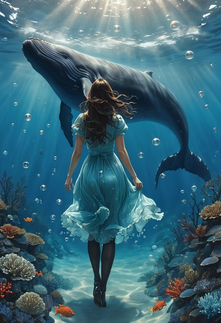 (water-colored), illustration, style of Jessica Galbreth,
(far view, far shot, rear view, facing away:1.3),
(Alice, very long dark brown hair,  hair rim lighting, hair in the wind, blue maid dress with short sleeves, black tights, black shoes:1.5), 
fog, dreamy, dream, coral, fish, sea weed
(walking, under water, bubbles, coral, fishes, sea weed, giant whale:2)