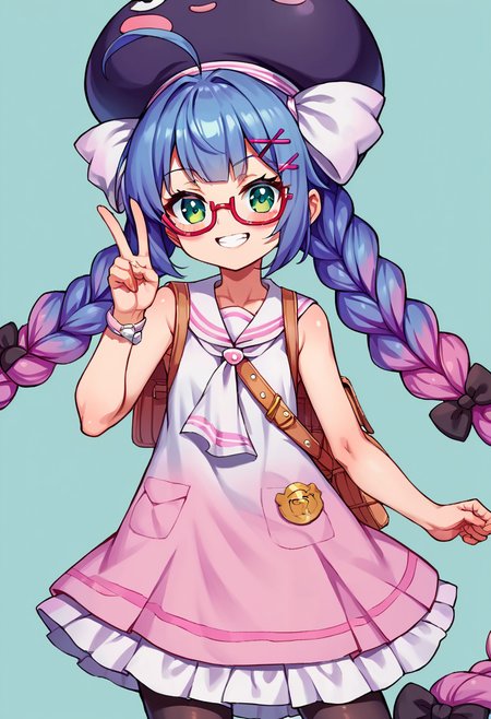 score_9, score_8_up, score_7_up, source_anime, BREAK
<lora:OtomachiUna_MMD_Pony_V1:0.85>Otomachi_Una, green eyes, gradient hair, blue hair, pink hair, very long hair, twin braids, black hair bow, hairclip, large ahoge, x hair ornament, sidelocks,
large hat,  purple hat, hat bow,
red-framed eyewear, under-rim eyewear,
short dress, sleeveless dress, frilled dress, randsare,
pantyhose, white footwear, shoes,
(cowboy shot:1.5), cute, kawaii, ((Petite)), smug, smirk, blush, teeth, peace sign, double peace sign,(ftame out hat)
(silver background, simple bacground,,blue background, simple bacground,,)