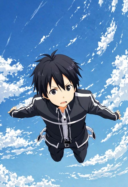 high resolution, solo, best quality, 1Boy, Kazuto Kirigaya, Black Hair, Black Eyes, free fall, sky , OverallDetail