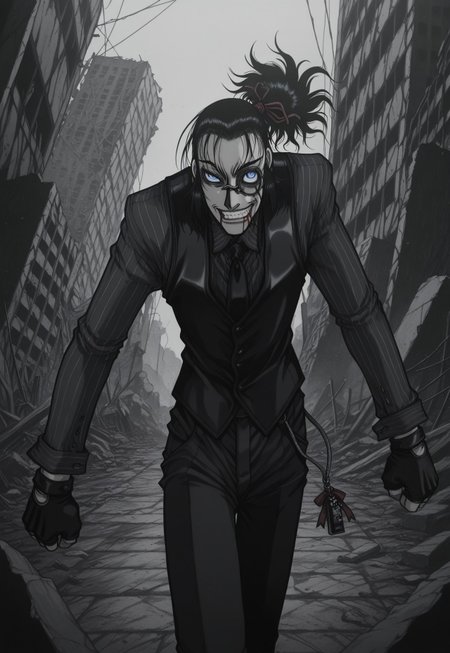 masterpiece, best quality, amazing quality, masterpiece, best quality, amazing quality, 1Boy, DarkWalter, blue eyes, black hair, back slicked ponytail, red hair ribbon, monocle, monocle over left eye, black tie, black vest, black pinstripe shirt, black pants, black fingerless gloves, keychain, standing. cowboy shot, dynamic pose, perspective, looking at viewer, angry, clenching teeth, ruins, blood on face, blood on mouth, evil smile,evil grin,crazy eyes, greyscale, monochrome,