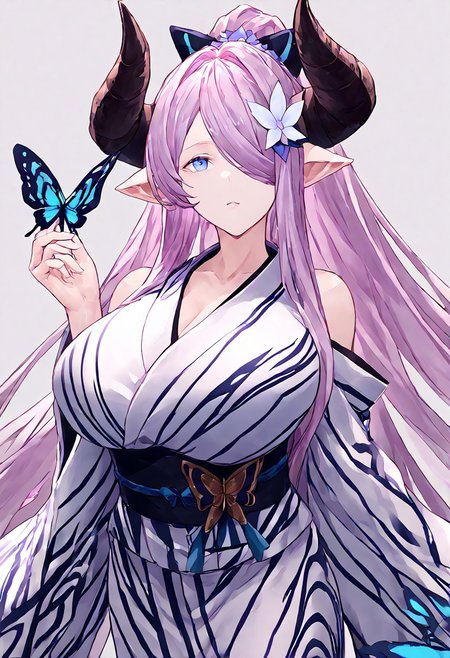 score_9, score_8_up, score_7_up, score_6_up, score_5_up, score_4_up, source_anime, 1girl, solo, 
yktNmya, horns, pointy ears, lavender hair, very long hair, ponytail, blue eyes, hair over one eye, hair flower, white yukata, sash, detached sleeves, butterfly print, huge breasts, 
masterpiece, best quality, very aesthetic, absurdres,