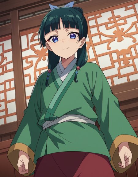 score_9, score_8_up, score_7_up, source_anime,
maomao, <lora:kusuriya-maomao-s1-ponyxl-lora-nochekaiser:1>,
maomao, long hair, bangs, blue eyes, hair ornament, green hair, blunt bangs, freckles, hair bun, single hair bun,
japanese clothes, robe, green robe, long sleeves, wide sleeves, skirt, red skirt,
indoors, smile,
looking at viewer, cowboy shot, dutch angle,
