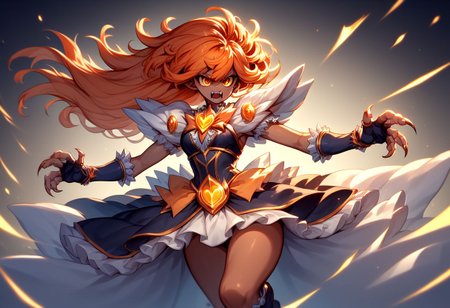 easynegative, negative_hand, henshin_d,glowing dress, PoweringUp, action shot, score_9,score_8_up,score_7_up,BREAK, solo, ASCII, masterpiece, expressive eyes, perfect face, ((high definition)), expertly rendered, dynamic lighting, award-winning, highly detailed, 1girl, 20 years old, toned body, tanned skin, orange hair, wild hair, long hair, claws, fur on arms, golden eyes, fangs, dynamic pose, gothic dress, magical girl