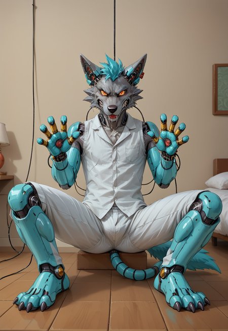 safe_pos, (((Barefoot furry character, full body, cinematic setting, furry male, plantigrade))) 

(((Gilliam))), wolf boy, white pajama, ((wired, hijacked, hacked, corrupted, reprogrammed, brainwashed, mindwiped, )), sitting, spread legs, m pose, nice metalic feet paws, ((nice robotic feet paws)),  three toes, claws, pawpad, determined look, (((restrained))), tilted head, drooling
BREAK
(((gilliam wolf, evil eye, sharp, red fluff tail, cyan hair, robot, cybernetic wolf, metallic))), (((screens with matrix code)))
BREAK, intricate details, highly detailed, extreme detail, octane render, fine art, best quality, highres, (detailed face:1.5), ((full_body)), UHD, (((perfect hands))), low light