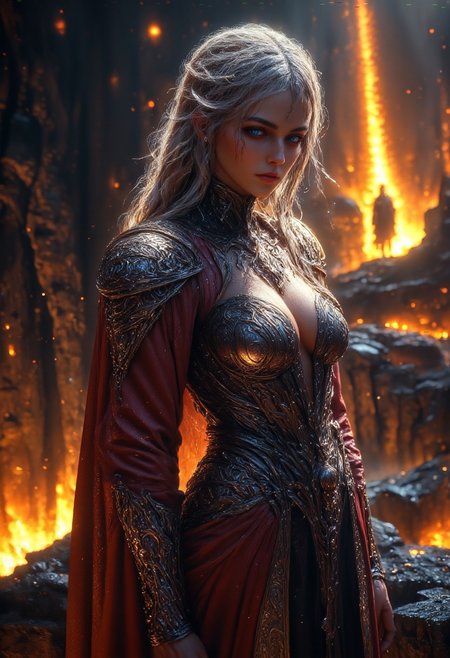 fantasy. dark, vibrant fantasy scene. female warrior. small breasts. fit body. Dress with integrated black and gold armor with complex details. Sword with runic inscription.  Flowing hair. Serene atmosphere. Interplay of light and shadow. Luminous fantasy. Mystical power, high level of detail. on a cliff. View of the lava of a volcano
perfection style, vivid colors, colorful, aidmaMJ6.1, hkmagic, from side. realistic, ral-frctlgmtry, hkevil, vulcano in background, moon, dark cliff
