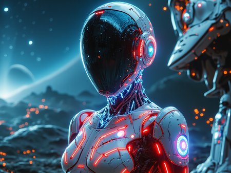 in the style of ck-ncr, an android female warrior with a translucent dark mirror helmet,with electric neon strand, detailed electronic part and gear,her helmet reflection of her surrounding, she is standing outside on a spaceship, her red and white armor suit is decorated with neon symbol.     background milkyway, spaceship, planet, sfw, in the style of ck-ncr,<lora:Scifi\ck-Neurocore-Realistic-Cyborgs000013.safetensors:0.5:0.5> <lora:Blue\Flux Ink Wash Style_v1.safetensors:0.5:0.5> <lora:Blue\detailed_v2_flux_ntc.safetensors:1.0:1.0> <lora:Scifi\FluxDFaeTasticDetails.safetensors:0.35000000000000003:0.35000000000000003>