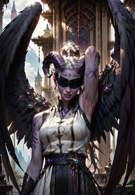 (absurdres, best quality, masterpiece:1.4), 
score_9, score_8_up, score_7_up, score_6_up, 
detailed, 
detailed body, 
detailed face, 
fantasy, 
alone, 

female, 
tiefling, 
h0rns, 
ram horns, 
black horns, 
tall, 
((((purple skin)))), 
((long grey hair, ponytail)), 
(((wingsd, black wings))),

one arm above head, 
soft smile,

(white robe, sleeveless, 
blindfold, black cloth blindfold), 

depth of field, 
outdoors, 
mountain temple, 
upper body