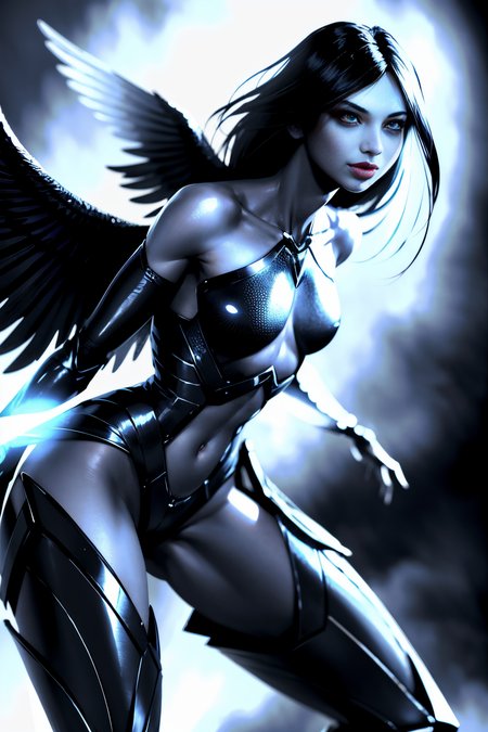 (Realistic:1.5) tongue closed mouth male focus what wings black hair monster monochrome elbow gloves robot glowing bare shoulders glowing eye thighhighs  <lora:EdobFireAlienSoul_v1.0:0.8>