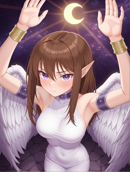 maiden of the moonlight, 1girl, solo, crescent, angel wings, blush, looking at viewer, arms up, light rays, starry sky, medium breasts, purple eyes, armpits, night sky, purple armband, gold bracelet, white sleeveless dress, purple choker, glowing, crescent on hands, from above,
masterpiece,best quality,amazing quality,very aesthetic,absurdres,newest,<lora:Maiden of the Moonlight & Millennium Moon illusXL v1.1:0.74>,