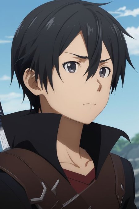 high resolution, solo, best quality, 1Boy, Kazuto Kirigaya, portraits, Black Hair, Black Eyes, Dual Sword, Battle, OverallDetail