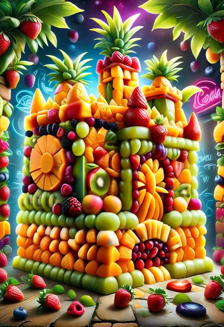 a legendary fruit castle in a fruit kingdom made of made of ral-fruitsalad, intricate details, masterpiece, best quality, colorful ,background of a London style brick wall, graffiti, neon lights,