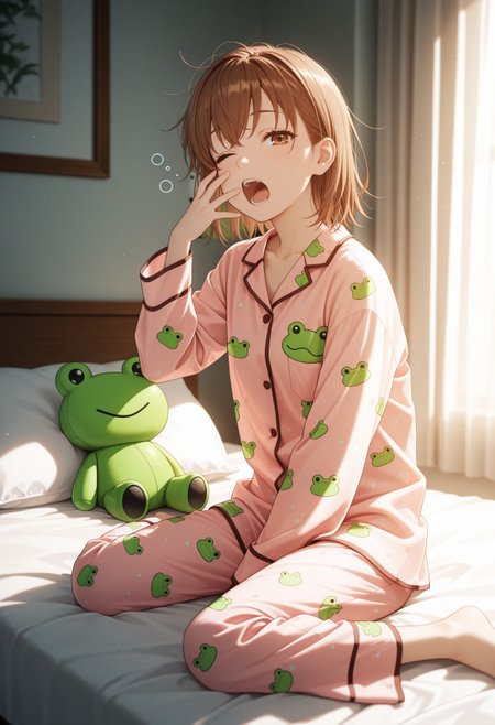 masterpiece,best quality,absurdres,highres,very aesthetic,high quality,detailed,insanely detailed,beautiful,perfect lighting, looking at viewer,
 <lora:Misaka Mikoto illu:1>1girl, gekota, 1girl, frog print, brown hair, pajamas, one eye closed, animal print, barefoot, yawning, brown eyes, open mouth, bed, stuffed toy, sitting, short hair, pillow, waking up, sleepy, stuffed animal, wariza, looking at viewer, indoors
