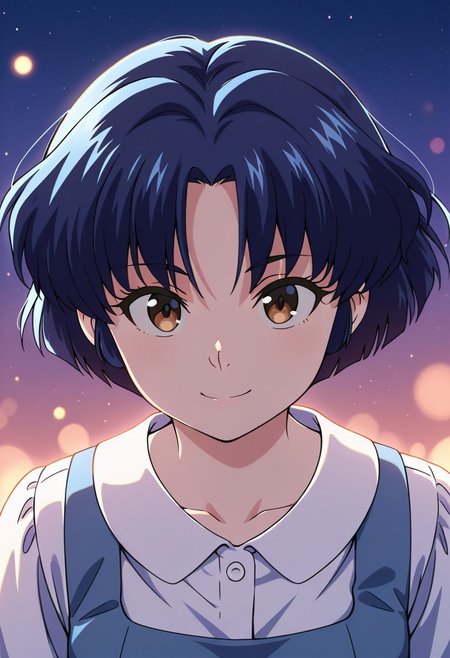 masterpiece, best quality, amazing quality, dynamic view,  solo, dynamic view,  solo, 1girl, masterpiece, best quality, bokeh, luminescent background, 
( akanetendou,   
dark blue hair, short hair, parted bangs, brown eyes, small breasts,  
  blue dress, pinafore dress, sleeveless dress, white shirt, collared shirt, puffy short sleeves, white socks, black shoes,
,   ), 
portrait, happy