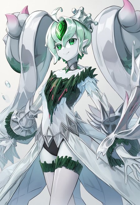 score_9, masterpiece, 2d, source anime, ygoaegirine,colored skin,slime girl,transparent,short hair,green eyes,dress,crown,hair ornaments,thighhighs,choker,cowboy shot, thighhighs, crown, smile