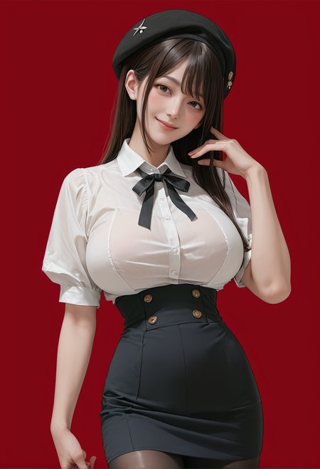 1girl,solo,red background,,ruanyi0902,beret,black ribbon,collared shirt,black pantyhose,high-waist skirt,white shirt,
cowboy shot,<lora:0902 Home wear 5_v1_pony:1>, score_9, score_8_up, score_7_up, score_6_up, score_9, score_8_up, score_7_up, score_6_up source_anime, blush, 1girl, seduce smile, perfect body , natural huge breasts