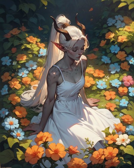 score_9, score_8_up, score_7_up, score_6_up,  grey skin tiefling woman with long ponytail and spots, white sundress, horns, flowers, 1girl, peaceful, closed eyes,  (flat chest:0.4) <lora:Photo Style SDXL_LoRA_20r_10e_22i_nr32_a16_Pony Diffusion V6 XL:.2> <lora:Anime Summer Days Style SDXL_LoRA_Pony Diffusion V6 XL:.5>