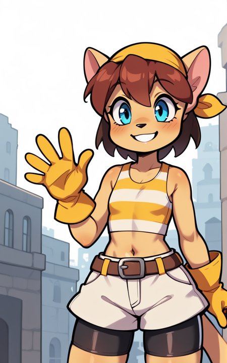 best quality, absurdres, <lora:BolivanteStyleITS:0.8>,  <lora:FPTCITS:0.8>, FPTCITS,striped crop top, yellow crop top, crop top, sleeveless, bike shorts under shorts, furry, furry female, bandana, yellow bandana, tail, animal ears, gloves, shorts, belt, blue eyes, short hair, brown hair, midriff, yellow gloves,flat chest, white shorts,city, medieval, smile, waving