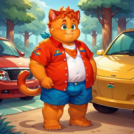score_9, score_8_up, score_7_up, source_anime, fat, double chin, fat arms, fat legs, chubby cheeks, freackles, wearing a boyscout uniform, wearing shorts, wearing boy scout shirt, unbuttoned, wearing neckerchief, standing, summer camp background, 1boy, cat ears, car tail, paws, orage fur, solo, forest background, happy mood, young, ginger hair, messy hair,  barefoot, chibfurri, furry, anthro, five toes, cub.