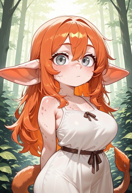 masterpiece, best quality, amazing quality, very aesthetic, solo, upper body,
goblin, short stature, shortstack, fur tipped pointed ears, big eyes,
1girl, female focus, long hair, orange ginger hair, grey eyes, Caucasian, freckled skin, farmers tan, long tail, fur tuff on the tip of the tail, white dress, 
(looking at viewer:1.2), posing,
forest,