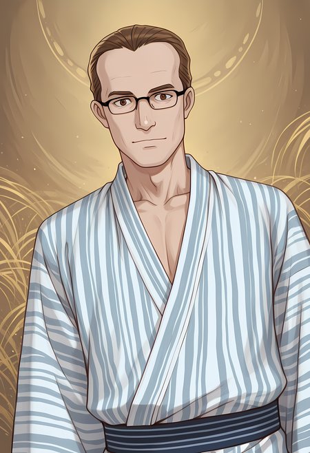 masterpiece, best quality, amazing quality, dutch angle, abstract background, BREAK
1boy, solo, male focus, charlesoffdensen, brown hair, short hair, brown eyes, glasses, yukata, japanese clothing, BREAK
<lora:cfg_scale_boost:.6>  <lora:Charles_Foster_Offdensen_-_Metalocalypse_-_ILXL:1>