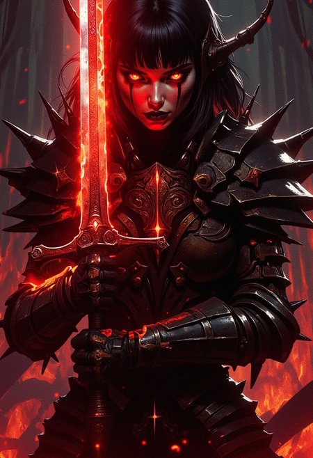 stunning female hellknight, spiky armour, no helmet, glowing eyes, dark hair, bangs, dark eyeshadow, thin red lips, holding huge sword glowing red, dynamic pose, silhouetted, chiascuro