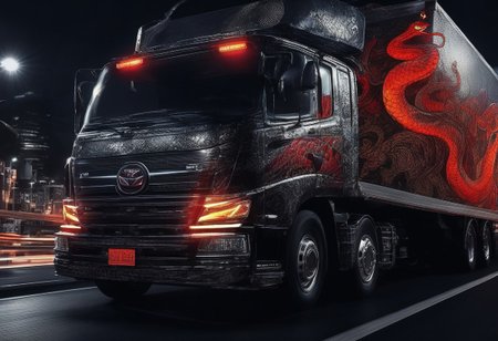 (masterpiece, best quality), highly detailed, ultra-detailed, (night), (city highway), (large truck), (truck bed side:1.3), (japanese tattoo style:1.4), (evil snake:1.5), (serpent scales), (detailed scales), (snake fangs), (glowing red eyes), (menacing), (dark color scheme), (headlights on), (streetlights:1.2), (motion blur:0.8), (high speed), (asphalt road), (reflections), (night atmosphere),Japanese truck