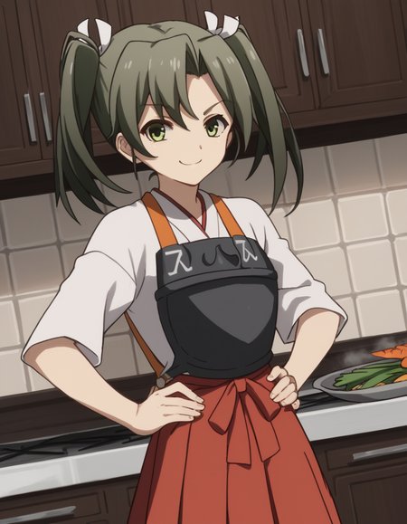 score_9, score_8_up, score_7_up, source_anime, <lora:kacolle-zuikaku-s1-ponyxl-lora-nochekaiser:1>, zuikaku, long hair, ribbon, twintails, green eyes, hair ribbon, zuikaku (kancolle), skirt, japanese clothes, muneate, red skirt, pleated skirt,, kitchen, cooking, apron, cutting vegetables, home cooking, smile, looking at viewer, smug, hands on hips,, solo,, cowboy shot, dutch angle